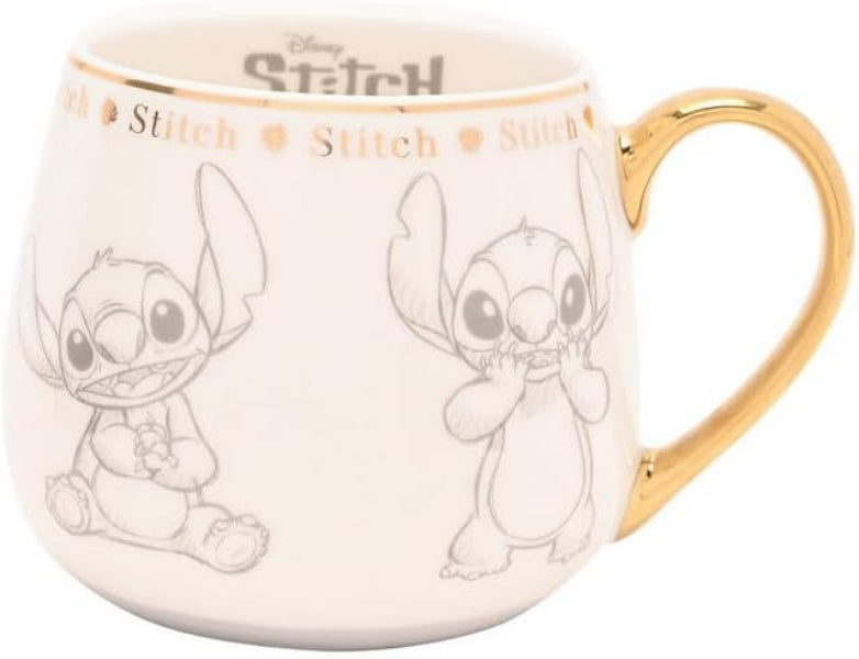 A white ceramic Disney Stitch mug with gold trim, featuring line art illustrations of Stitch on the front and a gold handle.