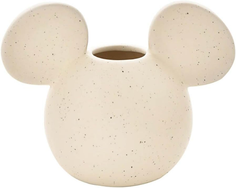 Beige ceramic vase shaped like a classic cartoon character's head on a white background