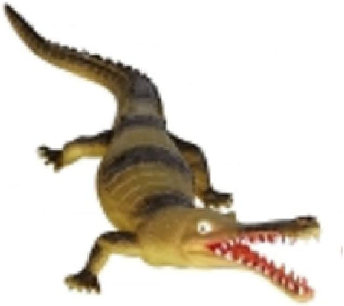 A toy alligator or crocodile figure with a yellow-green body, dark brown stripes, and an open mouth showing red gums and white teeth, isolated on a white background.
