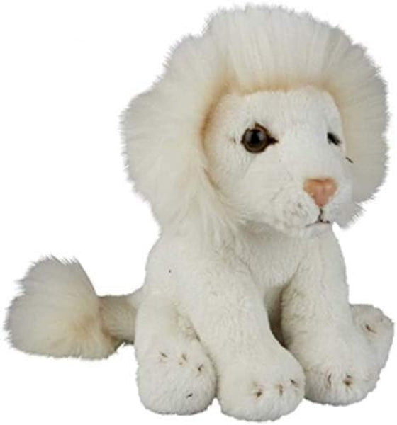 A white plush lion toy with a fluffy mane, brown eyes, and a pink nose, sitting against a plain white background.