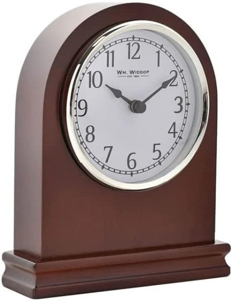 Wooden clock with white face and black hands on a white background