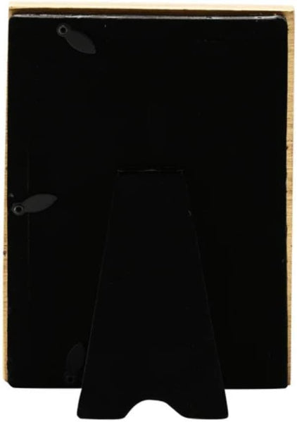 Black rectangular object with a wooden frame on a white background