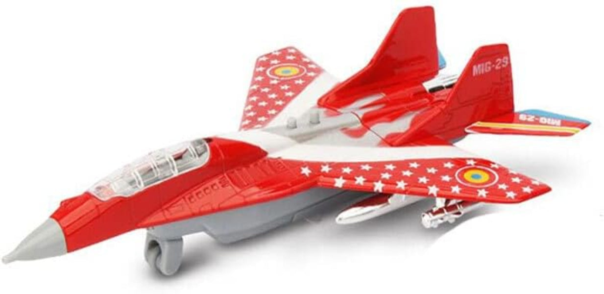 Red and white toy jet model on a white background