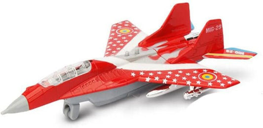 Red and white toy jet model on a white background