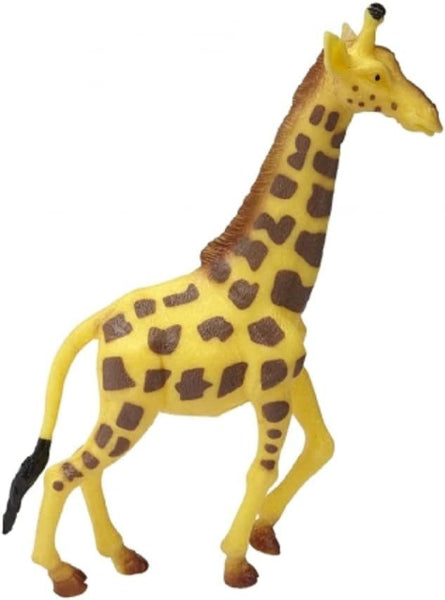 A small plastic giraffe toy figurine in yellow with brown spots, standing in profile against a plain white background.