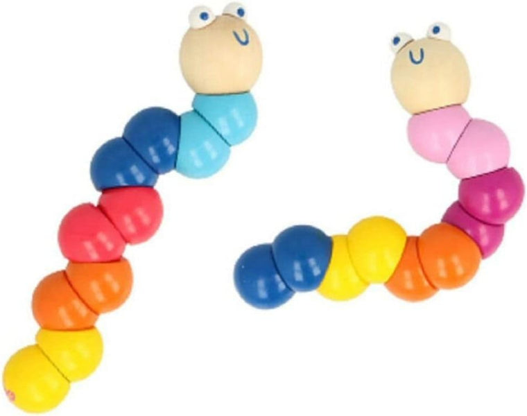 Two wooden caterpillar toys on a plain white background. One caterpillar has blue, red, orange, and yellow segments with a beige head.
