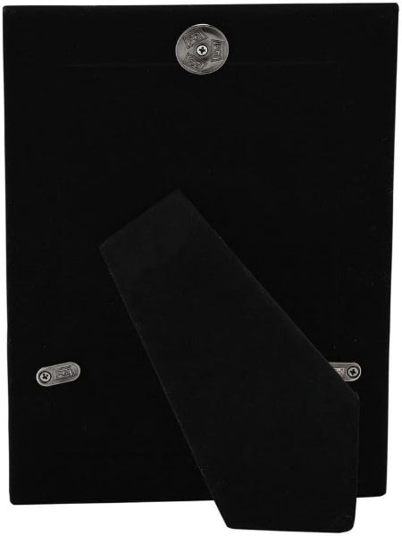 Black velvet picture frame with a hinged back panel and silver metal mounting hardware, shown against a plain white background.