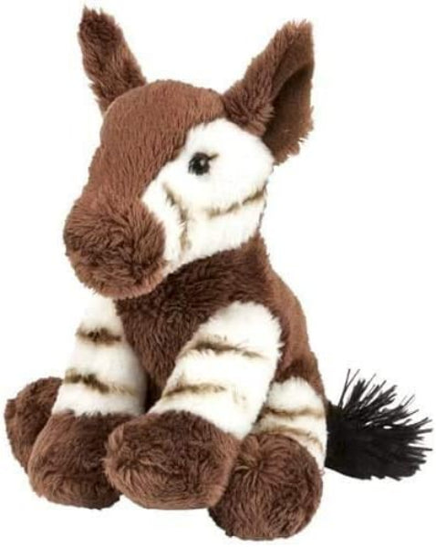 Plush toy resembling a fox with brown and white fur on a white background