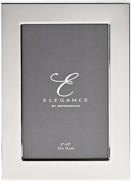A silver picture frame with a dark gray placeholder insert card featuring the brand name 'Elegance by Impressions' and dimensions '4" x 6" / 10 x 15 cm'.