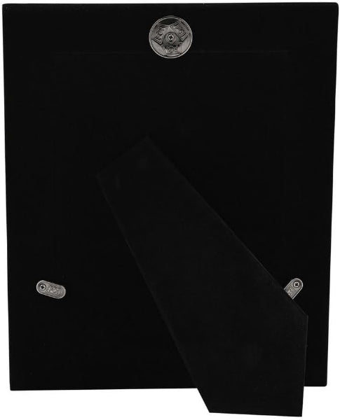 Black picture frame with a velvet or velour finish, featuring a silver metal button closure at the top and two silver metal mounting clips on the back.