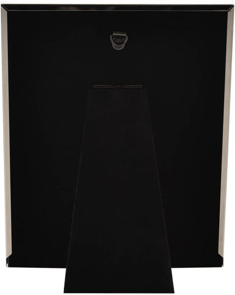 The back view of a black picture frame with a silver-toned metal border and a built-in display stand, shown against a plain white background.