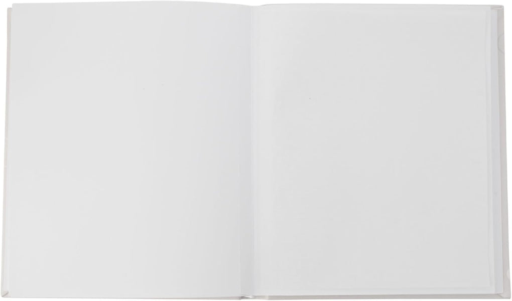 Open notebook with blank white pages on a light gray background