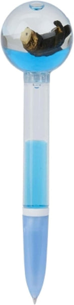 A novelty pen with a clear spherical top containing a small sea otter figurine, filled with light blue liquid, and a translucent blue pen body.