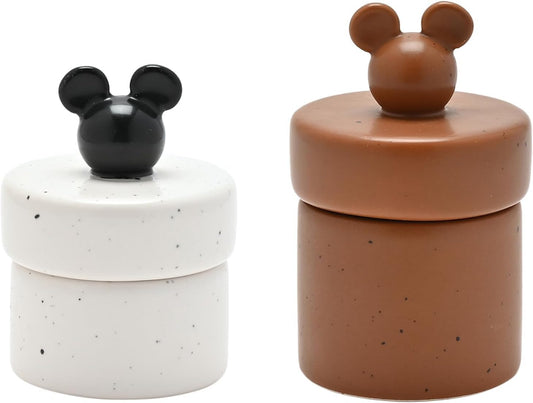 Two ceramic containers with mouse ear designs on a white background