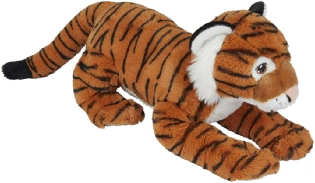 A plush toy tiger lying down, made of soft orange-brown fabric with black stripes, a white chest and face, and black-tipped paws and tail.