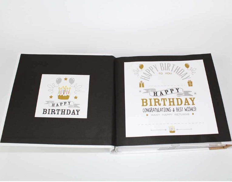 Open birthday card with 'Happy Birthday' text on a white background.