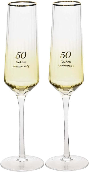 Two champagne flutes with '50 Golden Anniversary' text on a white background