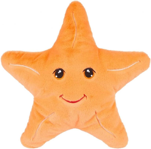 An orange plush starfish pillow with embroidered eyes, a smiling mouth, and simple line details on a plain white background.