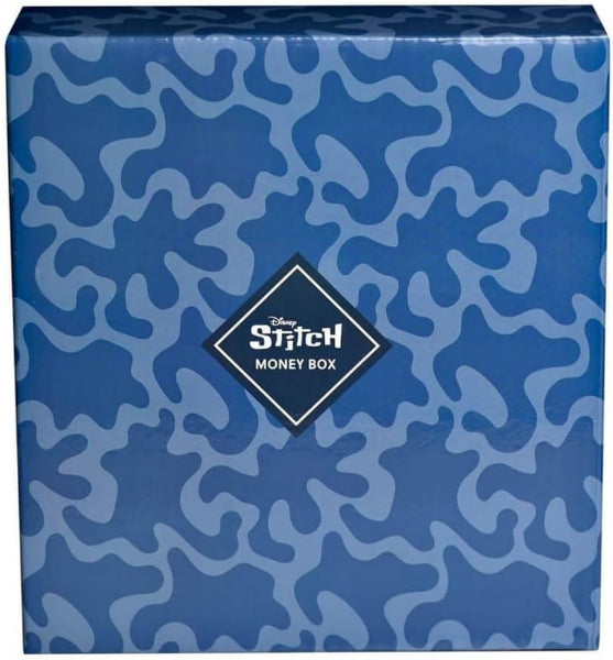 Blue money box with 'Stitch' branding on a blue patterned background