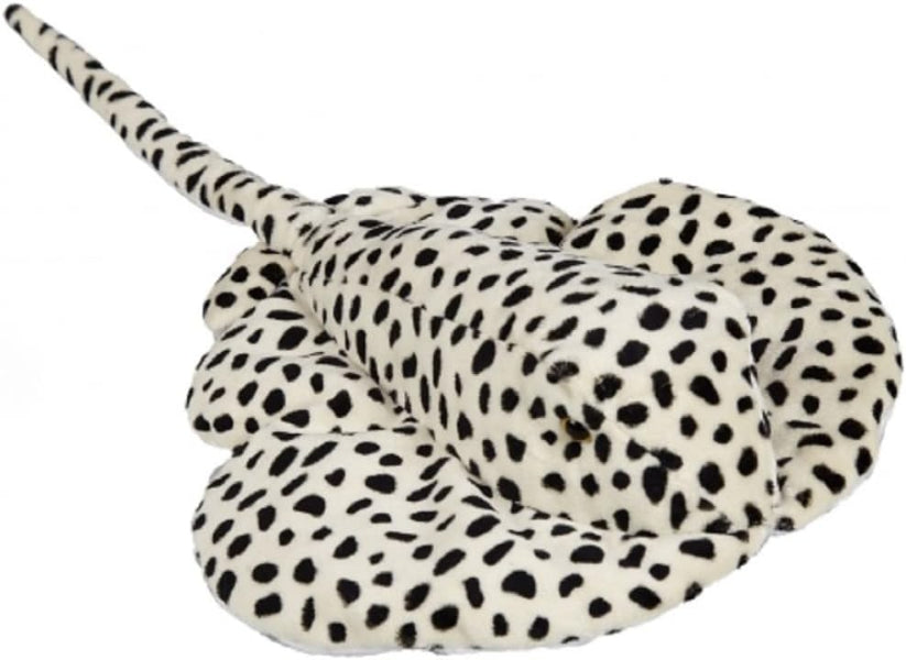 Plush toy resembling a stingray with black spots on a white background