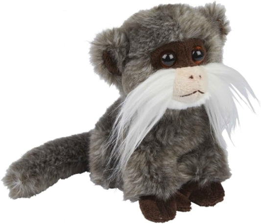 Plush toy resembling a creature with gray fur, white beard, and brown eyes on a white background
