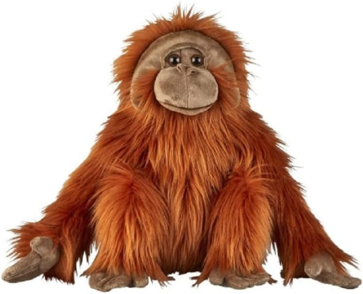 A plush stuffed orangutan toy with long orange-brown fur, a gray face, and dark claws, shown against a plain white background.