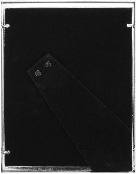 The back of a square picture frame with a silver-toned metal border and a black mounting panel attached diagonally, shown on a plain white background.