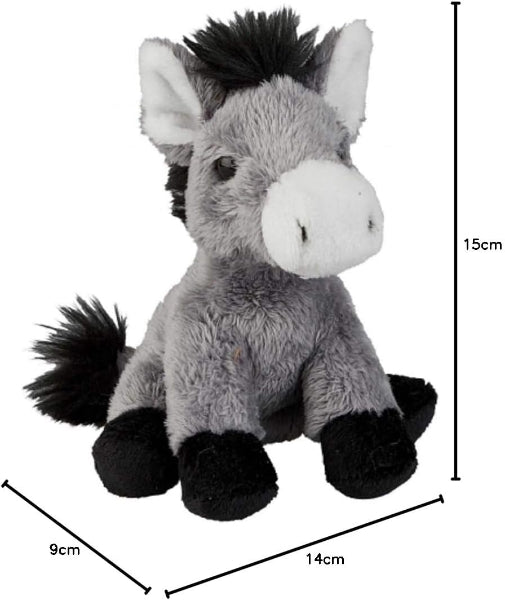 Plush donkey toy with measurements on a white background