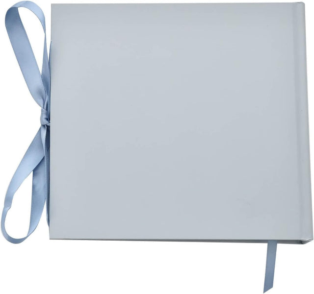 A square light gray album or book with a pale blue ribbon tied in a bow on the left side, shown on a plain white background.