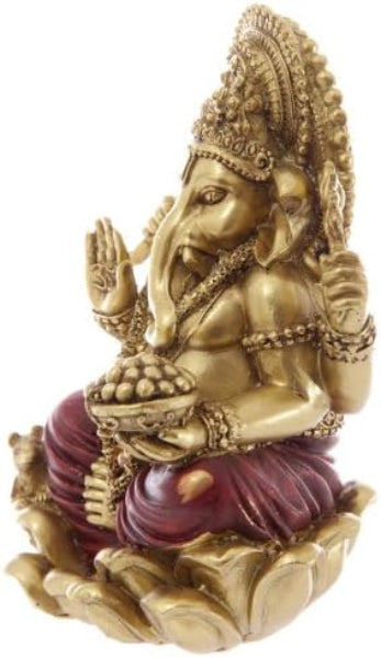 Gold-colored statue of a deity with a purple garment on a white background