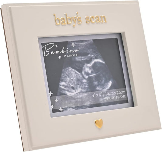 An off-white rectangular photo frame with 'baby's scan' in gold lettering at the top and a small gold heart at the bottom. The center insert shows a grayscale ultrasound photo with decorative text.