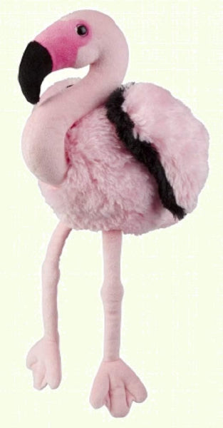 Pink flamingo plush toy on a light green background