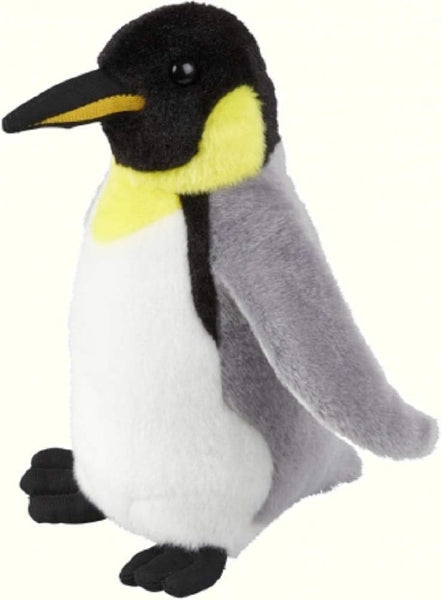A plush toy penguin with a black head and feet, white body, gray wings, and a bright yellow neck patch, shown against a plain off-white background.