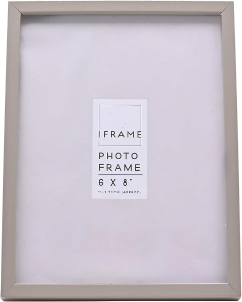 A 6x8 inch picture frame with a light gray frame and a white insert card in the center that reads 'IFRAME PHOTO FRAME 6 X 8"'.