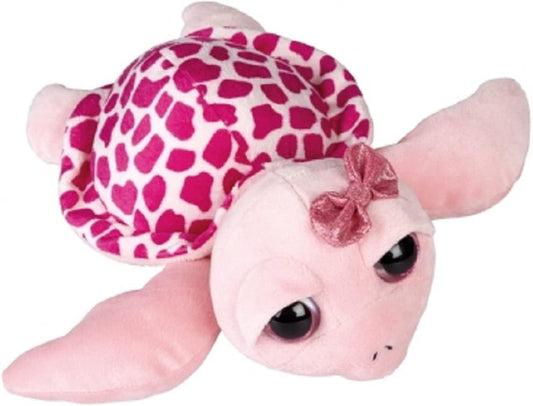 A pink plush sea turtle toy with a pink and white heart-patterned shell, a pink bow on its head, and large glossy black eyes, isolated on a white background.