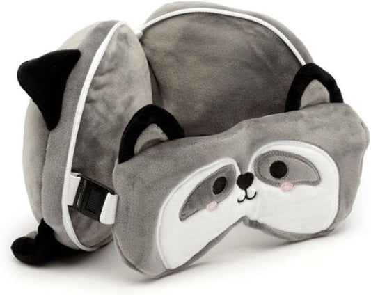 Gray sloth-shaped pillow and eye mask on a white background