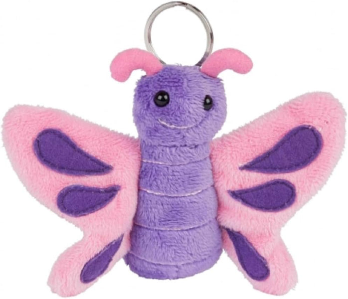 Plush butterfly keychain with pink and purple colors on a white background
