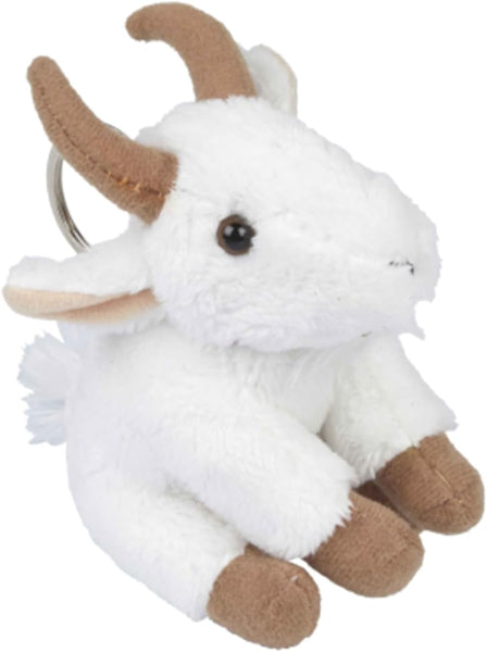 Plush goat keychain with brown horns and feet on a white background