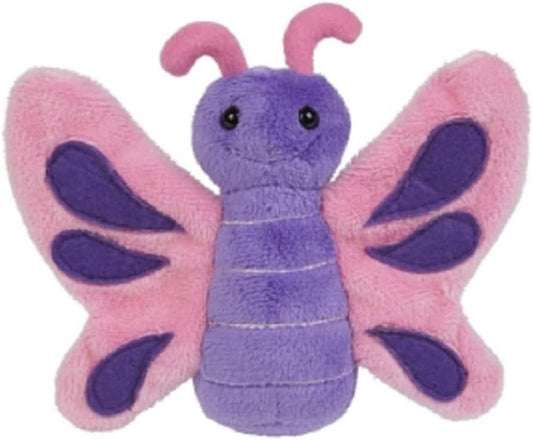 Plush butterfly toy with pink and purple wings on a white background