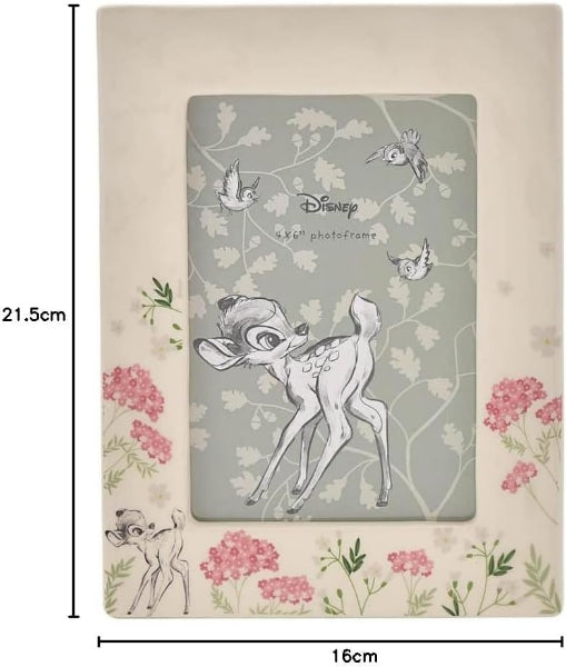 Disney Bambi photo frame with floral design and measurements on a floral background