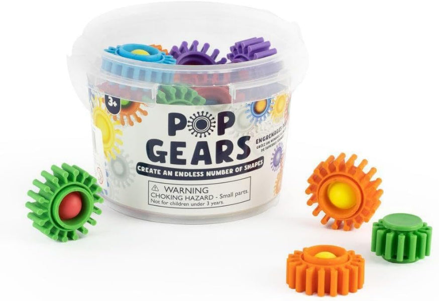Colorful gear toys with 'Pop Gears' container on a white background