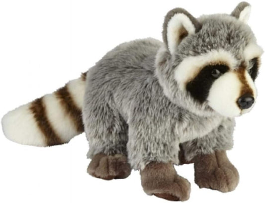 A plush toy raccoon with gray, white, and brown fur, standing on a plain white background.
