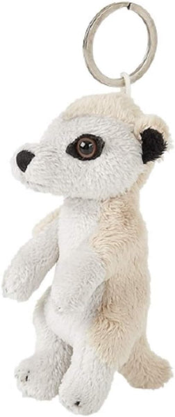 A small plush toy of a white and cream-colored animal with black ears and nose, attached to a silver metal key ring, shown on a plain white background.