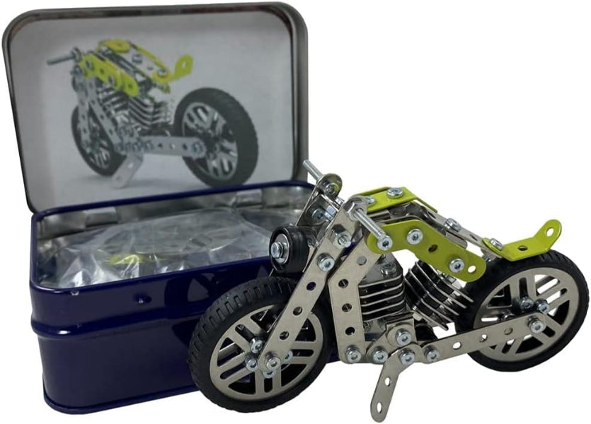 Motorcycle model kit with open blue box showing motorcycle illustration