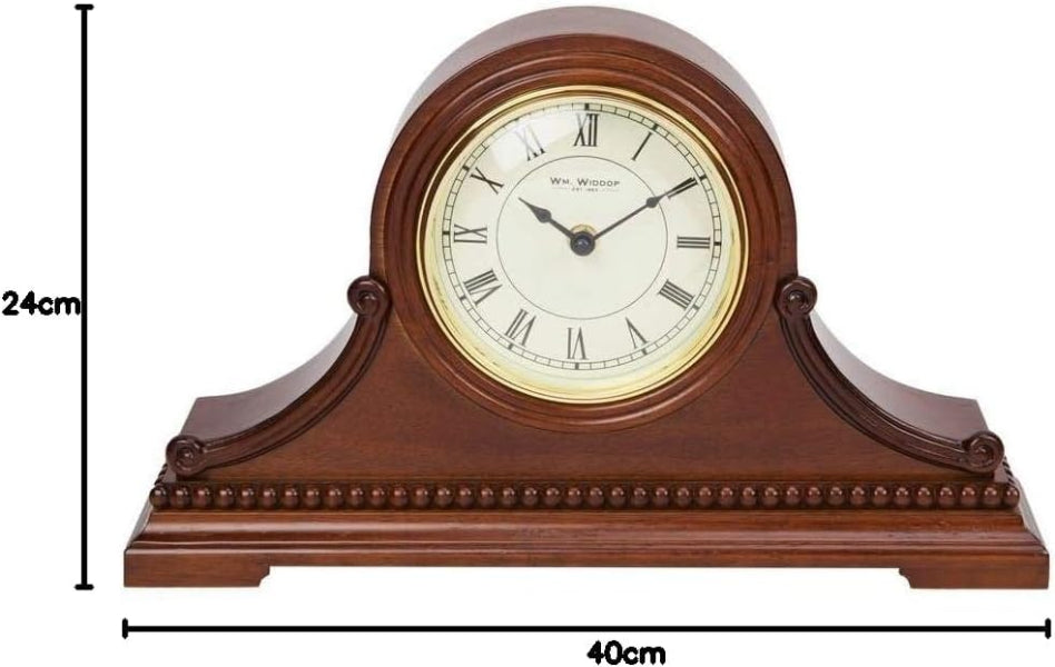 Wooden clock with measurement details on a white background