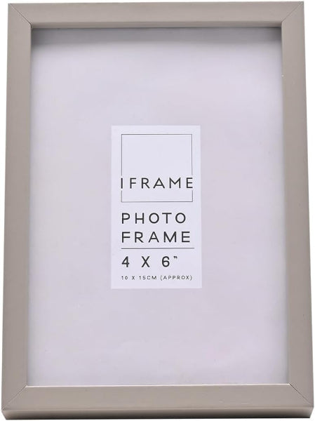 A square 4x6 inch photo frame in a light warm gray or beige tone, shown front-facing with a white insert card labeled 'IFRAME PHOTO FRAME 4 X 6"'.