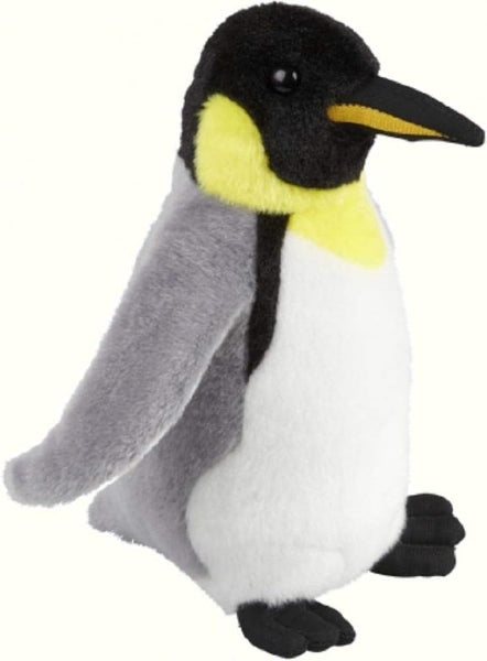 A plush toy penguin with a black head and beak, yellow chest patch, gray wings, and white body, shown against a plain white background.