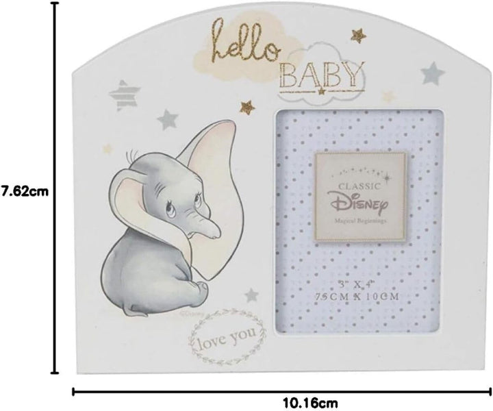 Baby photo frame with Dumbo design and 'hello BABY' text, featuring a measurement label.
