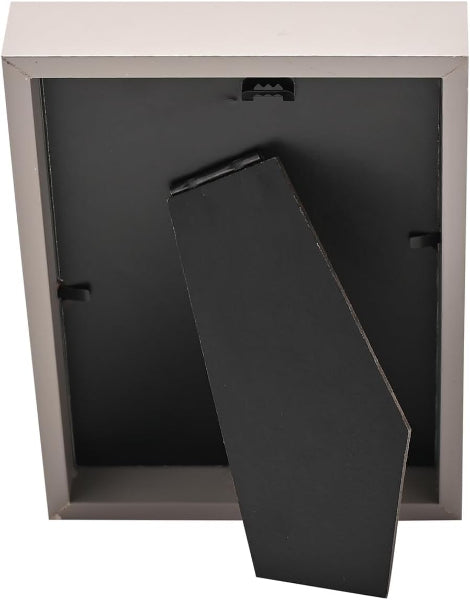 The back view of a square wall-mounted picture frame, showing a light gray outer frame, a black backing board, and mounting clips on a white background.