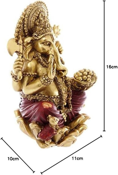Gold-colored statue of a deity with measurements on a white background